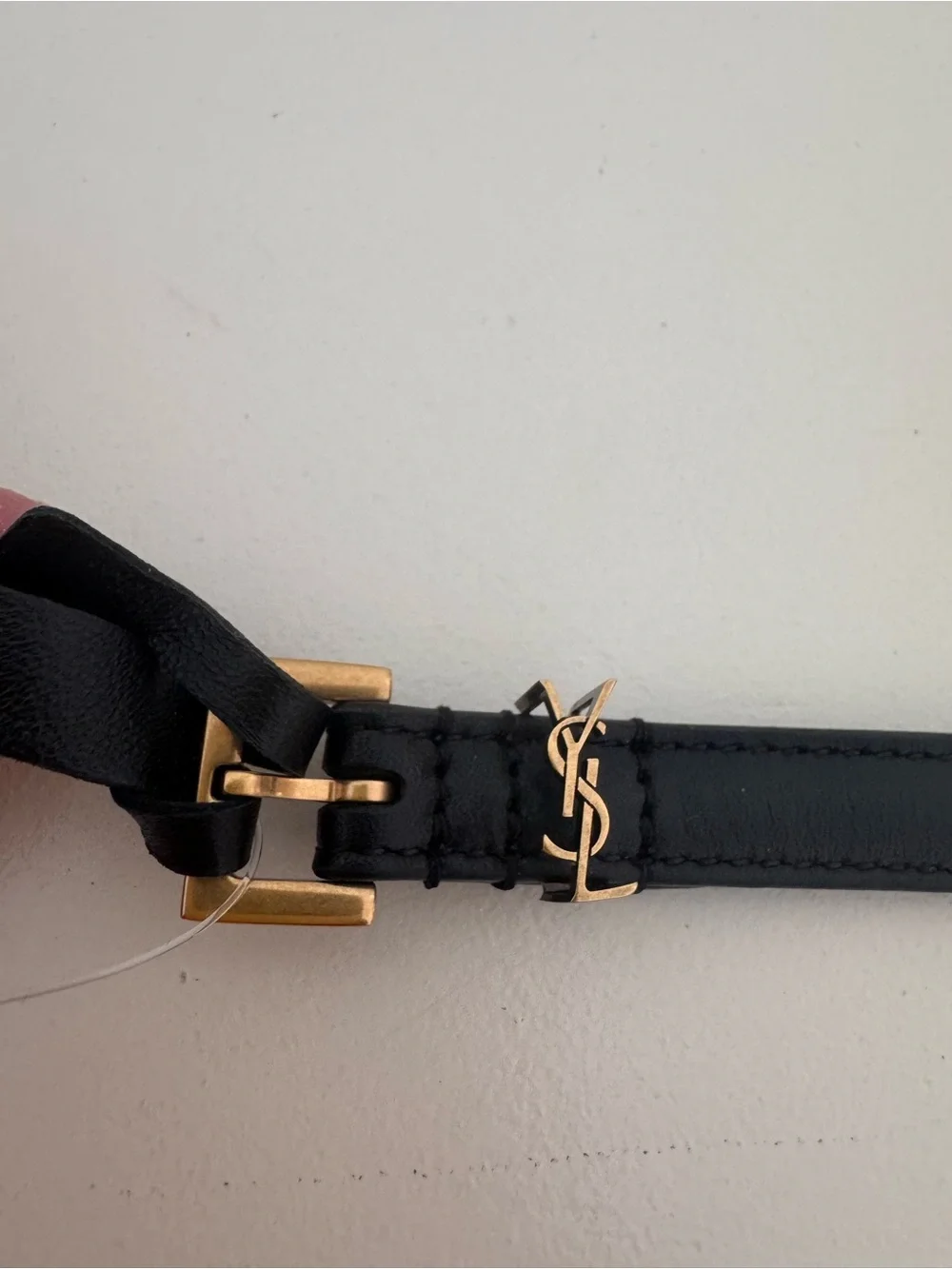 Saint Laurent Black Leather Logo Skinny Belt with Gold Hardware
